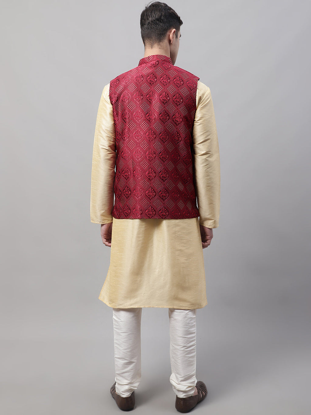 Jompers Men's Golden Solid Kurta Pyjama with Maroon Woven Design Nehru Jacket
