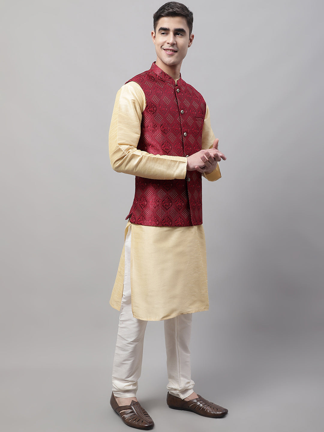 Jompers Men's Golden Solid Kurta Pyjama with Maroon Woven Design Nehru Jacket