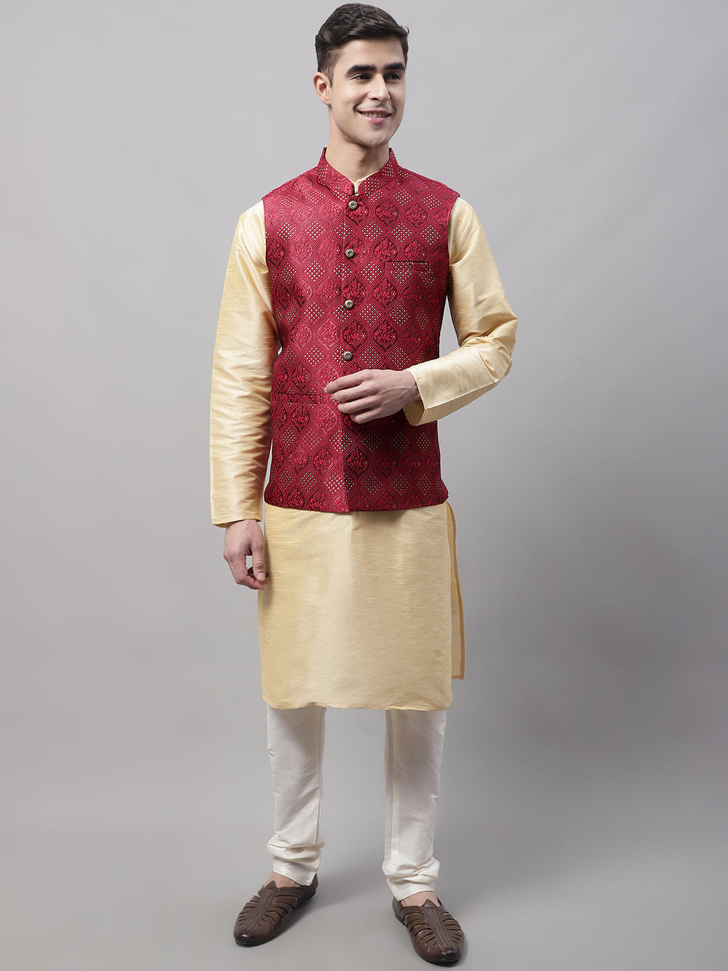Jompers Men's Golden Solid Kurta Pyjama with Maroon Woven Design Nehru Jacket