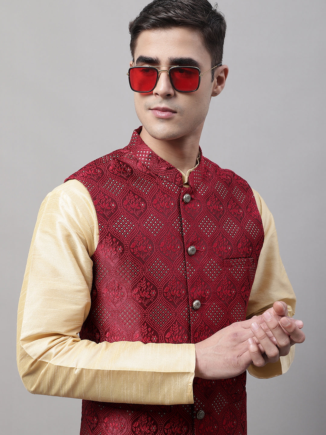 Jompers Men's Golden Solid Kurta Pyjama with Maroon Woven Design Nehru Jacket