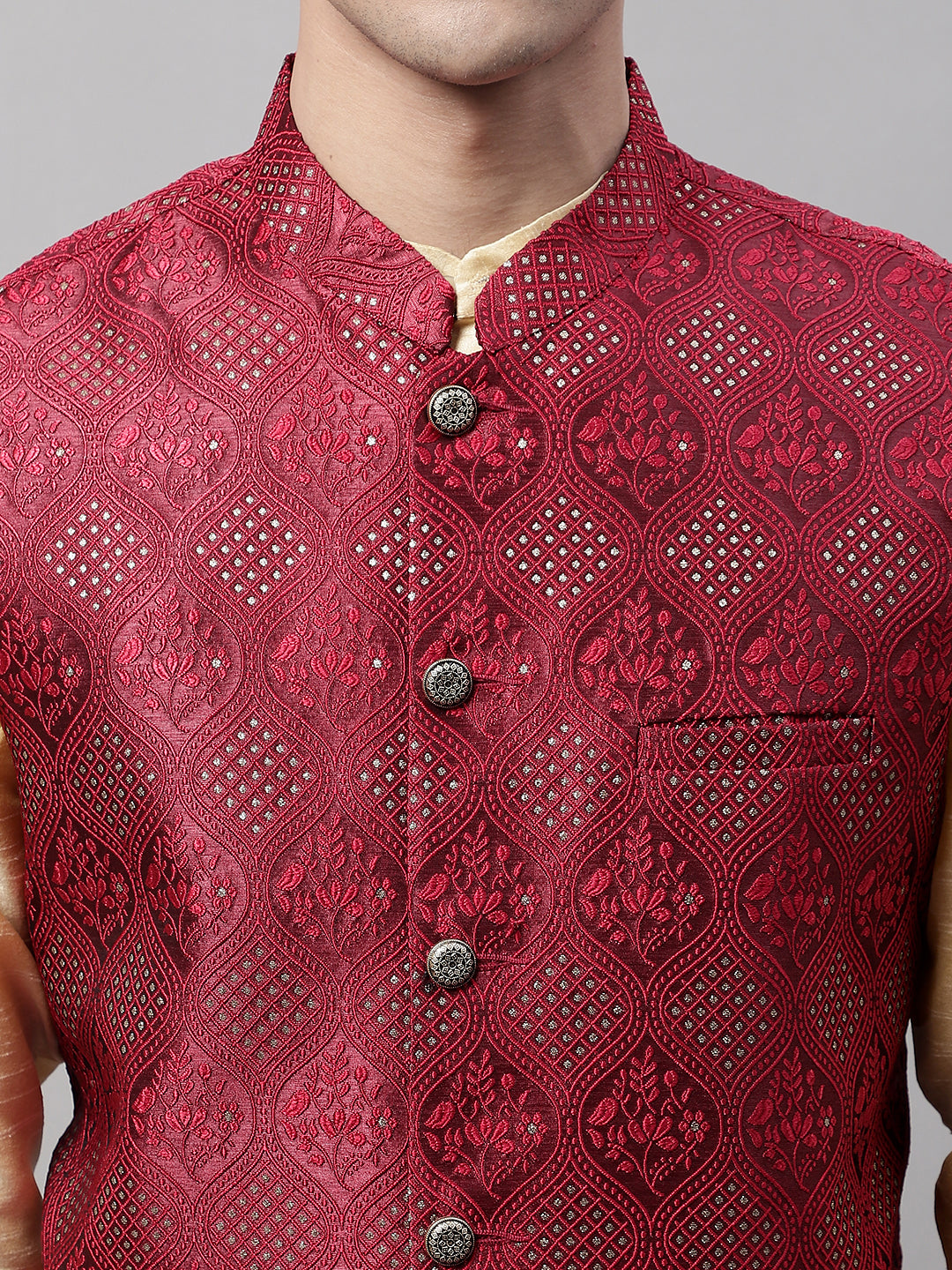 Jompers Men's Golden Solid Kurta Pyjama with Maroon Woven Design Nehru Jacket