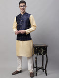 Jompers Men's Golden Solid Kurta Pyjama with Navy Blue Woven Design Nehru Jacket
