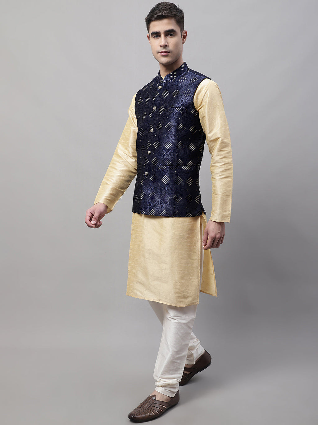 Jompers Men's Golden Solid Kurta Pyjama with Navy Blue Woven Design Nehru Jacket
