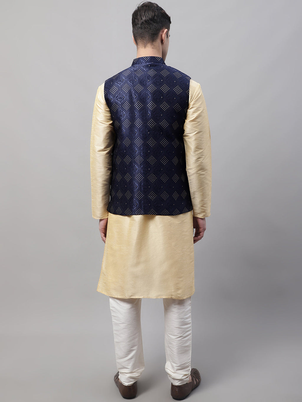 Jompers Men's Golden Solid Kurta Pyjama with Navy Blue Woven Design Nehru Jacket