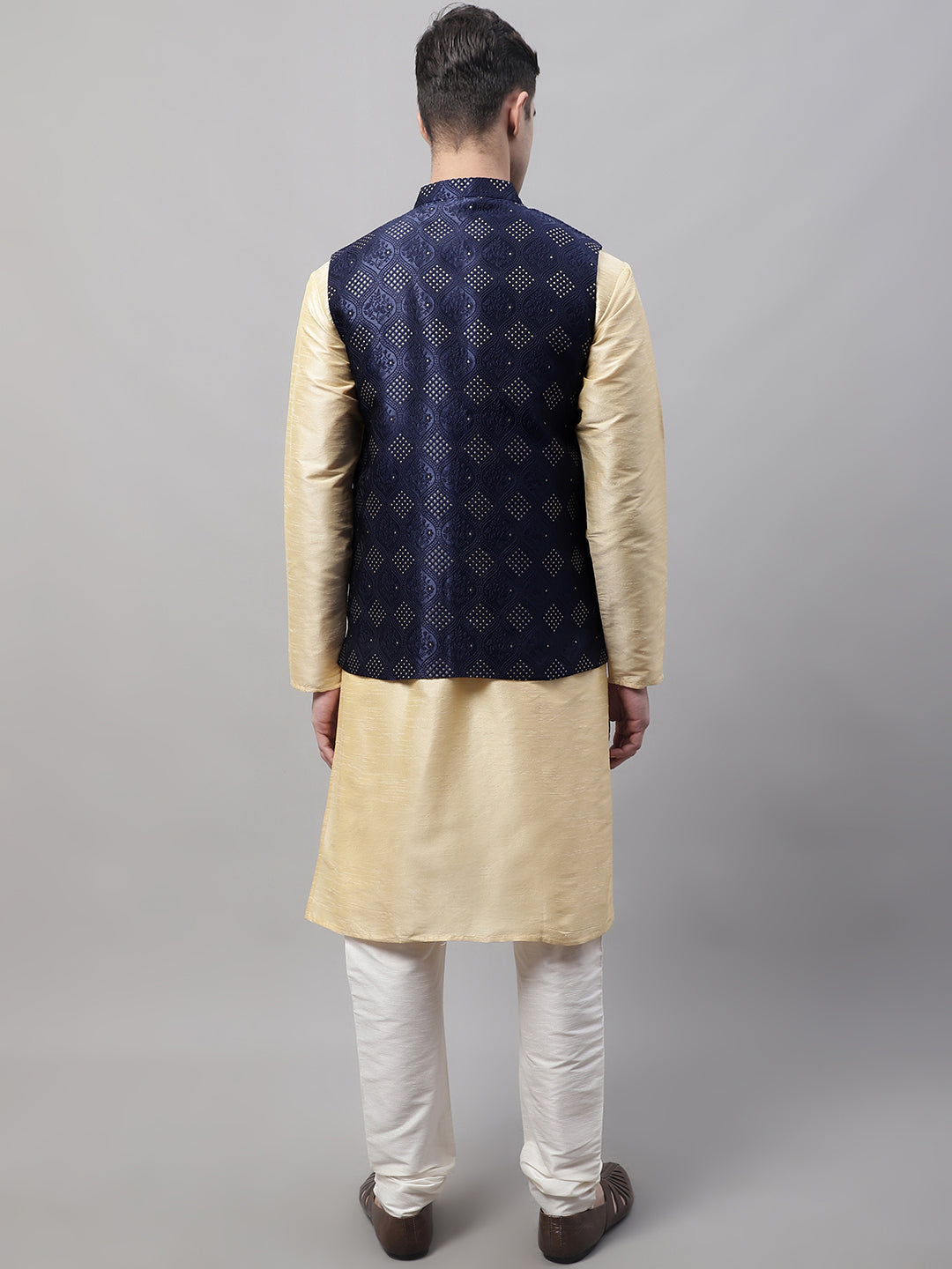Jompers Men's Golden Solid Kurta Pyjama with Navy Blue Woven Design Nehru Jacket