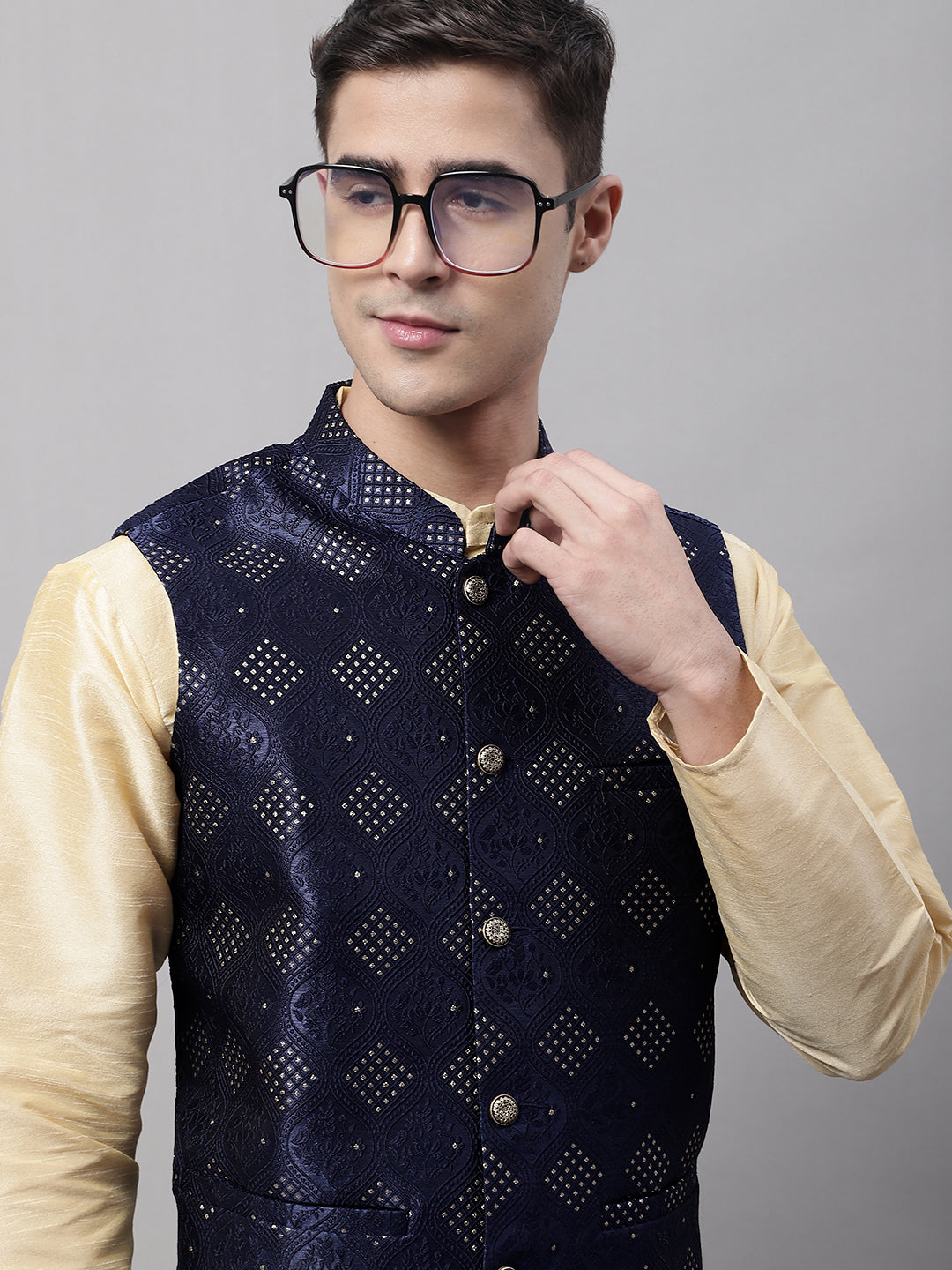 Jompers Men's Golden Solid Kurta Pyjama with Navy Blue Woven Design Nehru Jacket