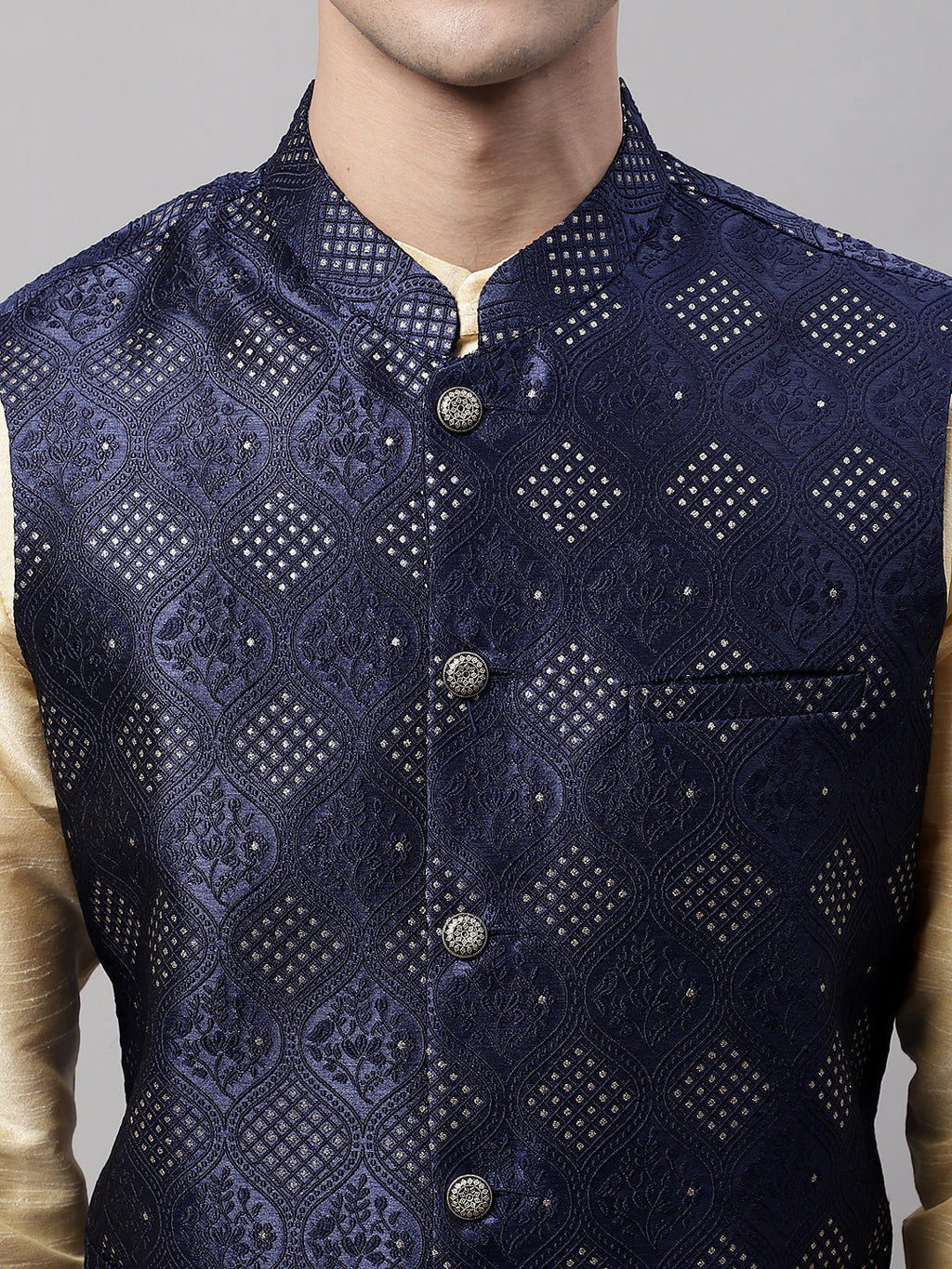 Jompers Men's Golden Solid Kurta Pyjama with Navy Blue Woven Design Nehru Jacket