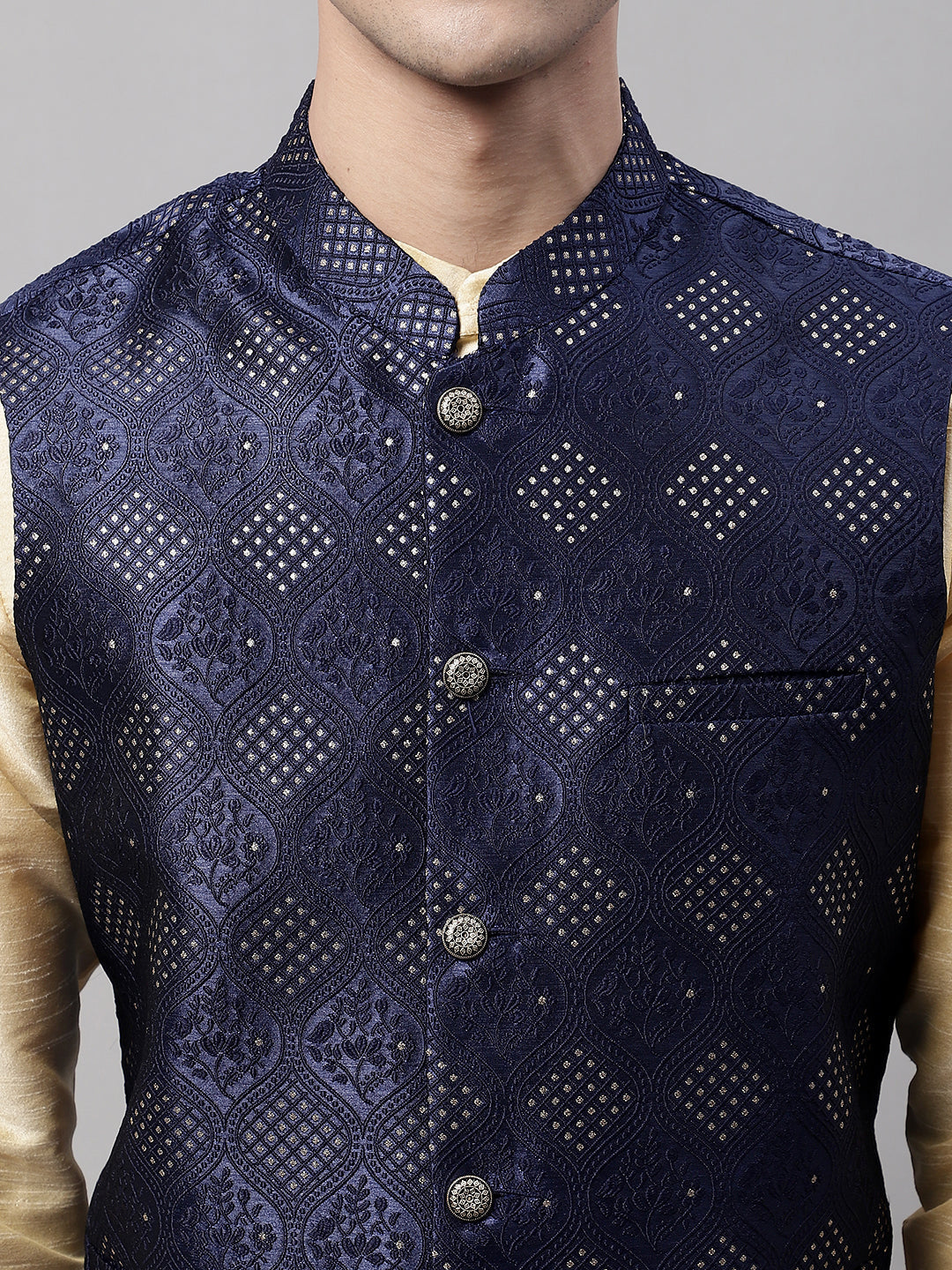 Jompers Men's Golden Solid Kurta Pyjama with Navy Blue Woven Design Nehru Jacket