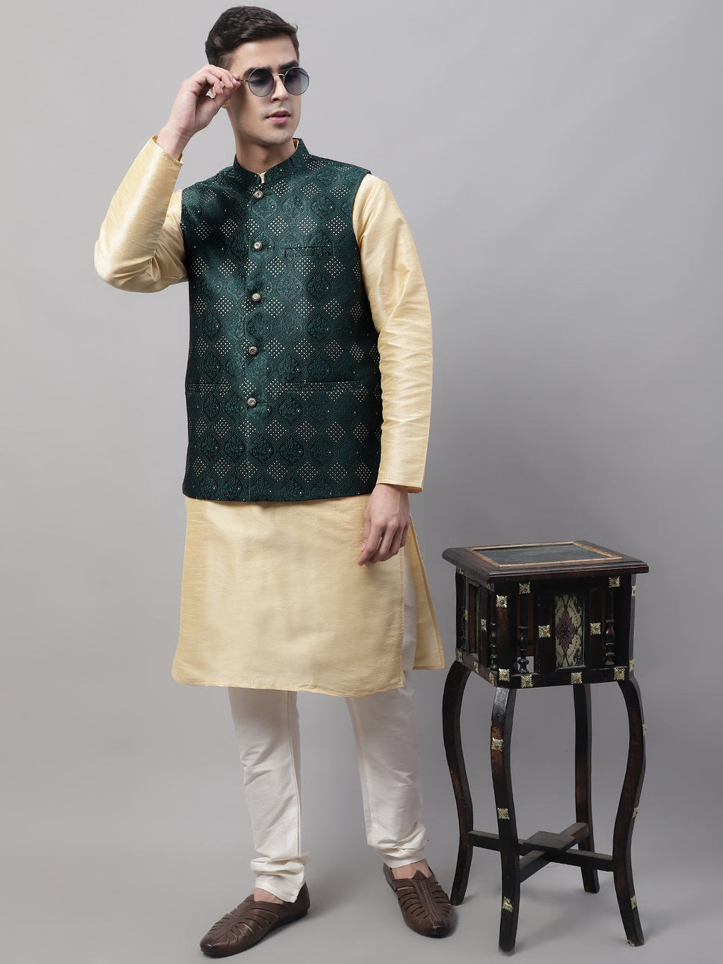 Jompers Men's Golden Solid Kurta Pyjama with Olive Woven Design Nehru Jacket