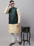 Jompers Men's Golden Solid Kurta Pyjama with Olive Woven Design Nehru Jacket