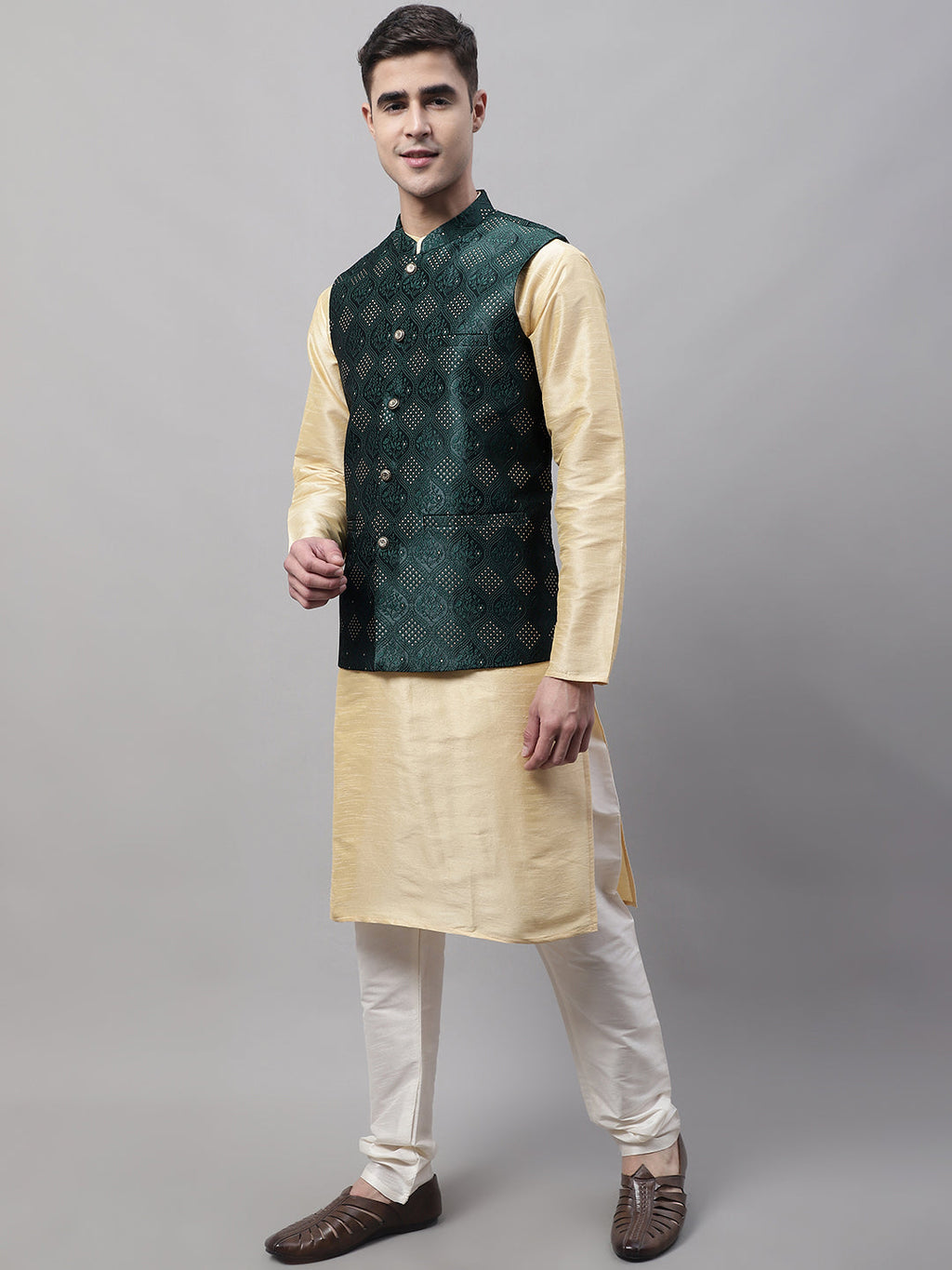 Jompers Men's Golden Solid Kurta Pyjama with Olive Woven Design Nehru Jacket