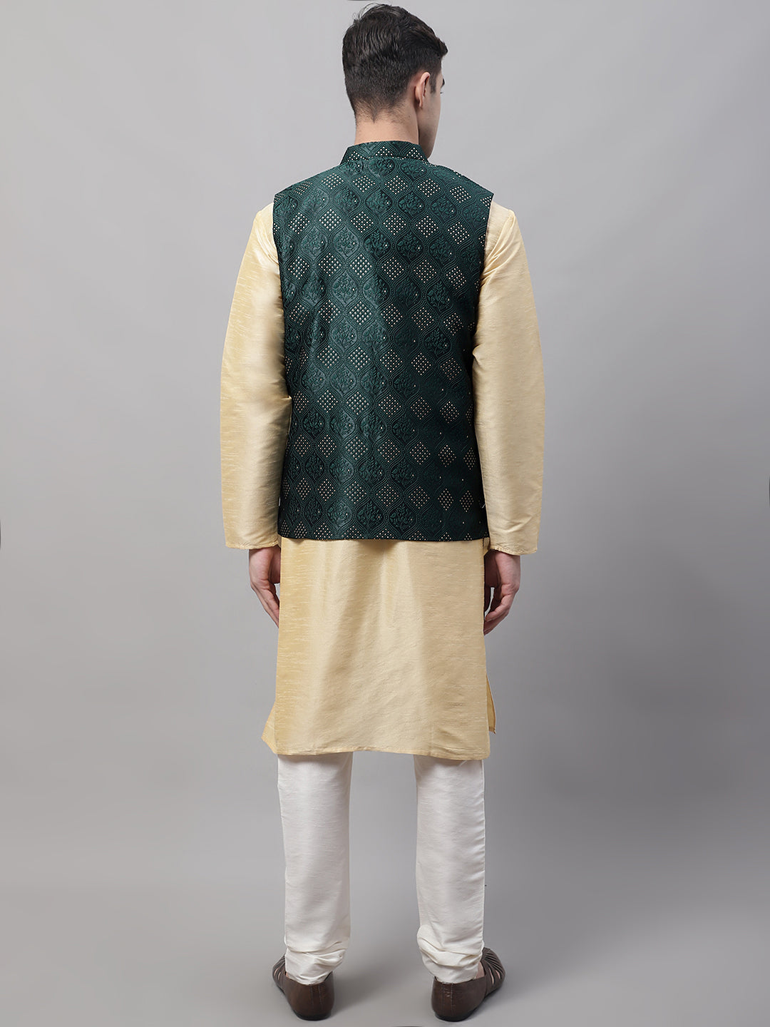 Jompers Men's Golden Solid Kurta Pyjama with Olive Woven Design Nehru Jacket