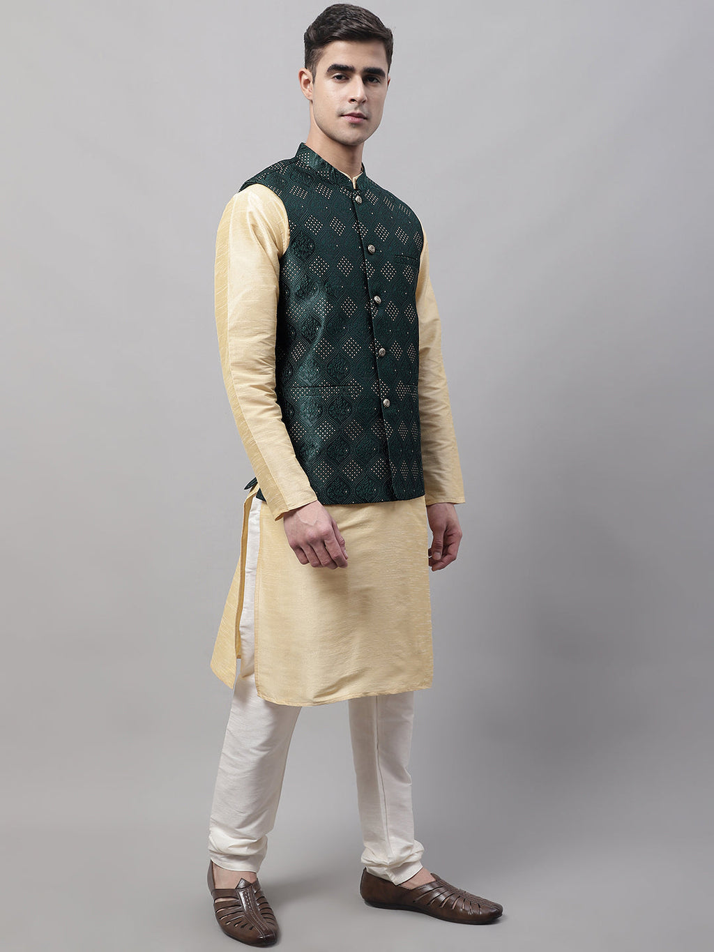 Jompers Men's Golden Solid Kurta Pyjama with Olive Woven Design Nehru Jacket
