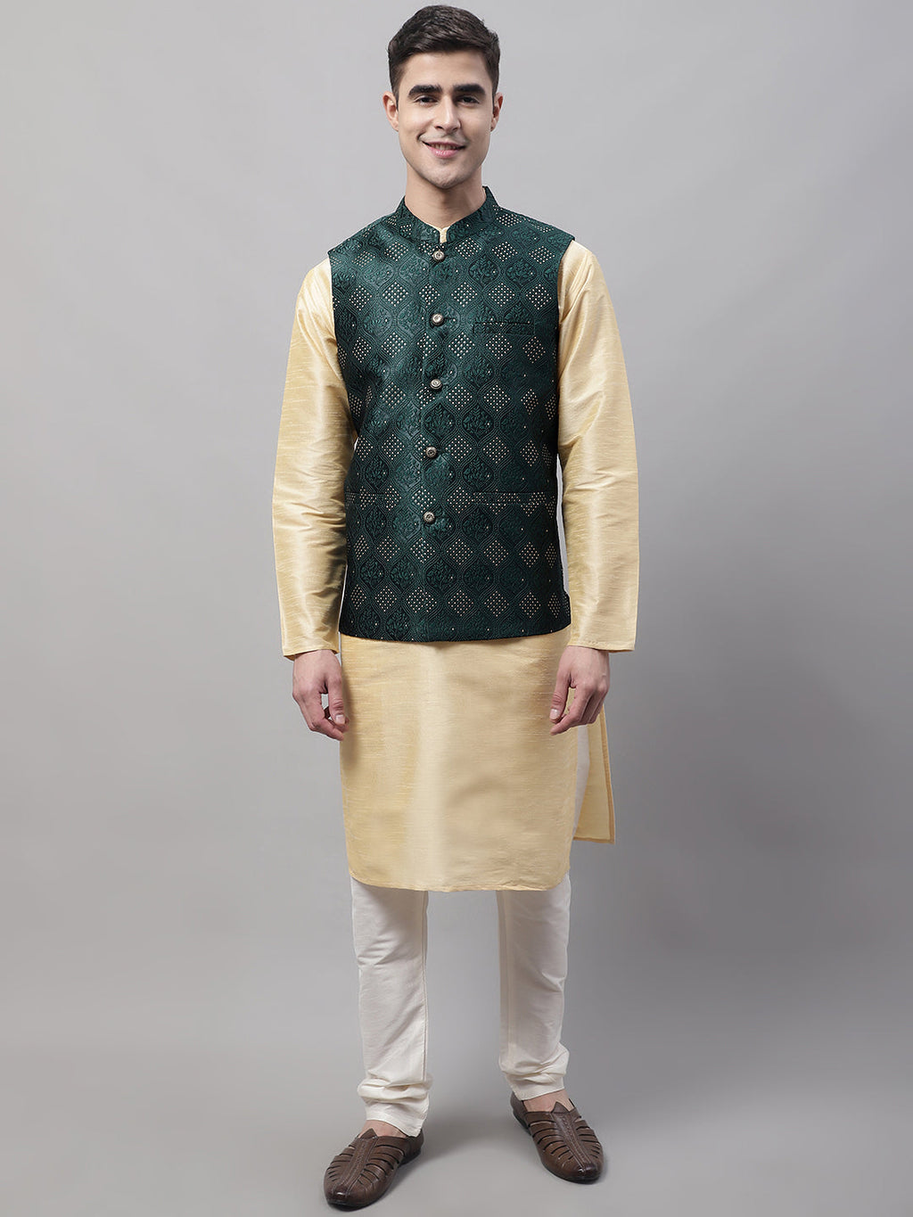 Jompers Men's Golden Solid Kurta Pyjama with Olive Woven Design Nehru Jacket