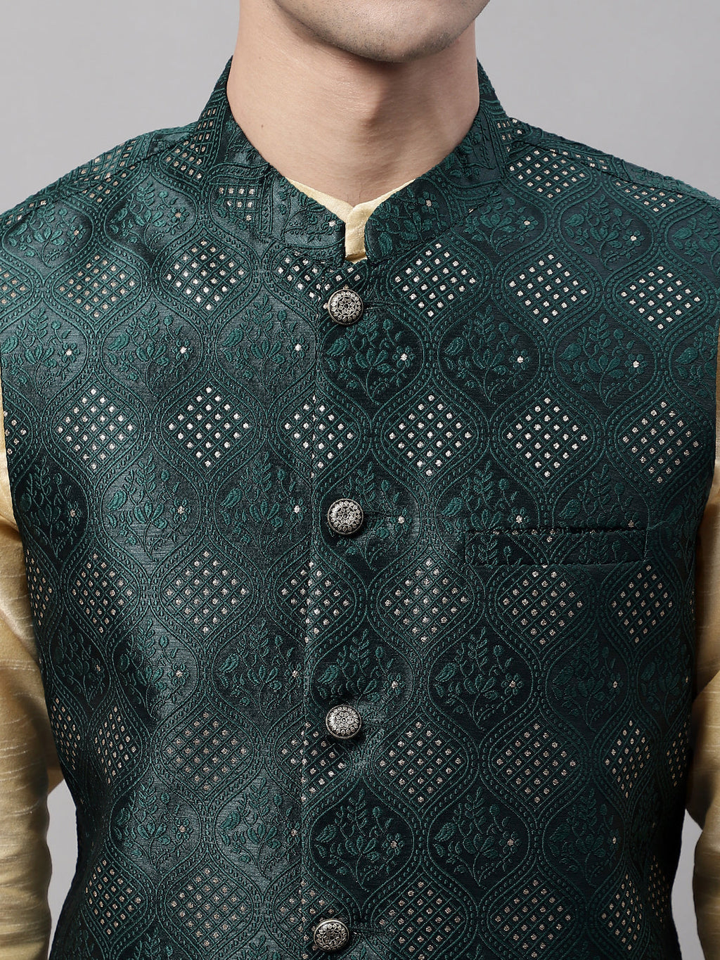 Jompers Men's Golden Solid Kurta Pyjama with Olive Woven Design Nehru Jacket