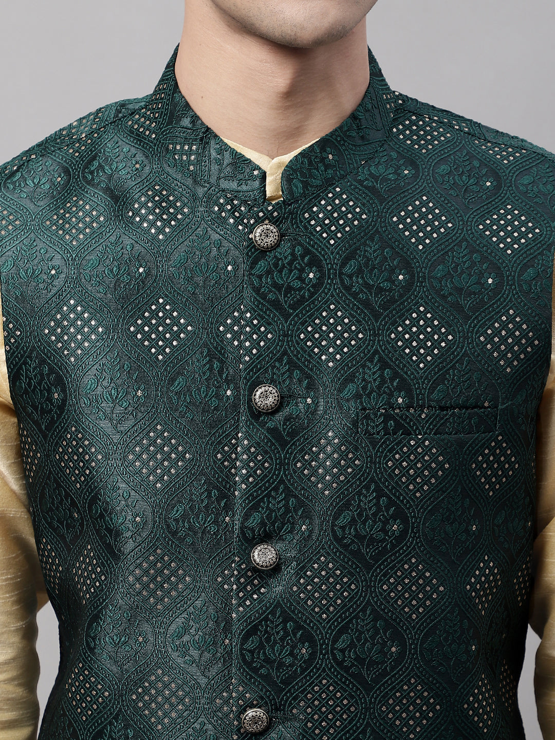 Jompers Men's Golden Solid Kurta Pyjama with Olive Woven Design Nehru Jacket