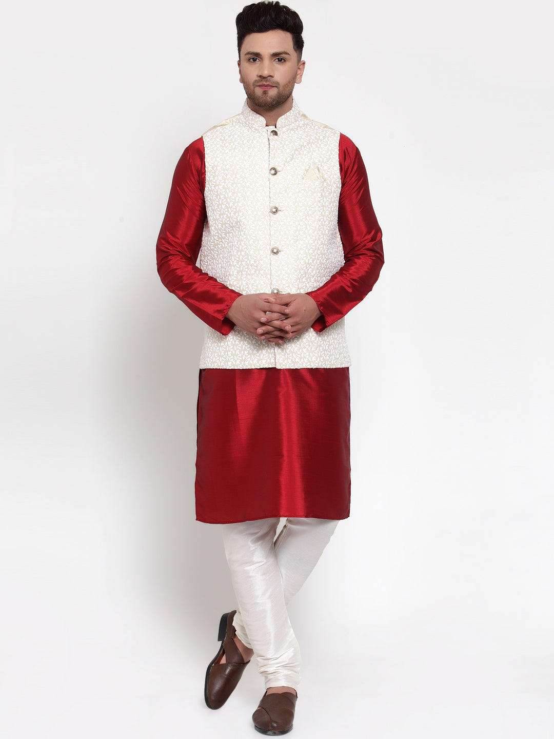 Jompers Men's Solid Dupion Kurta Pajama with Embroidered Nehru Jacket