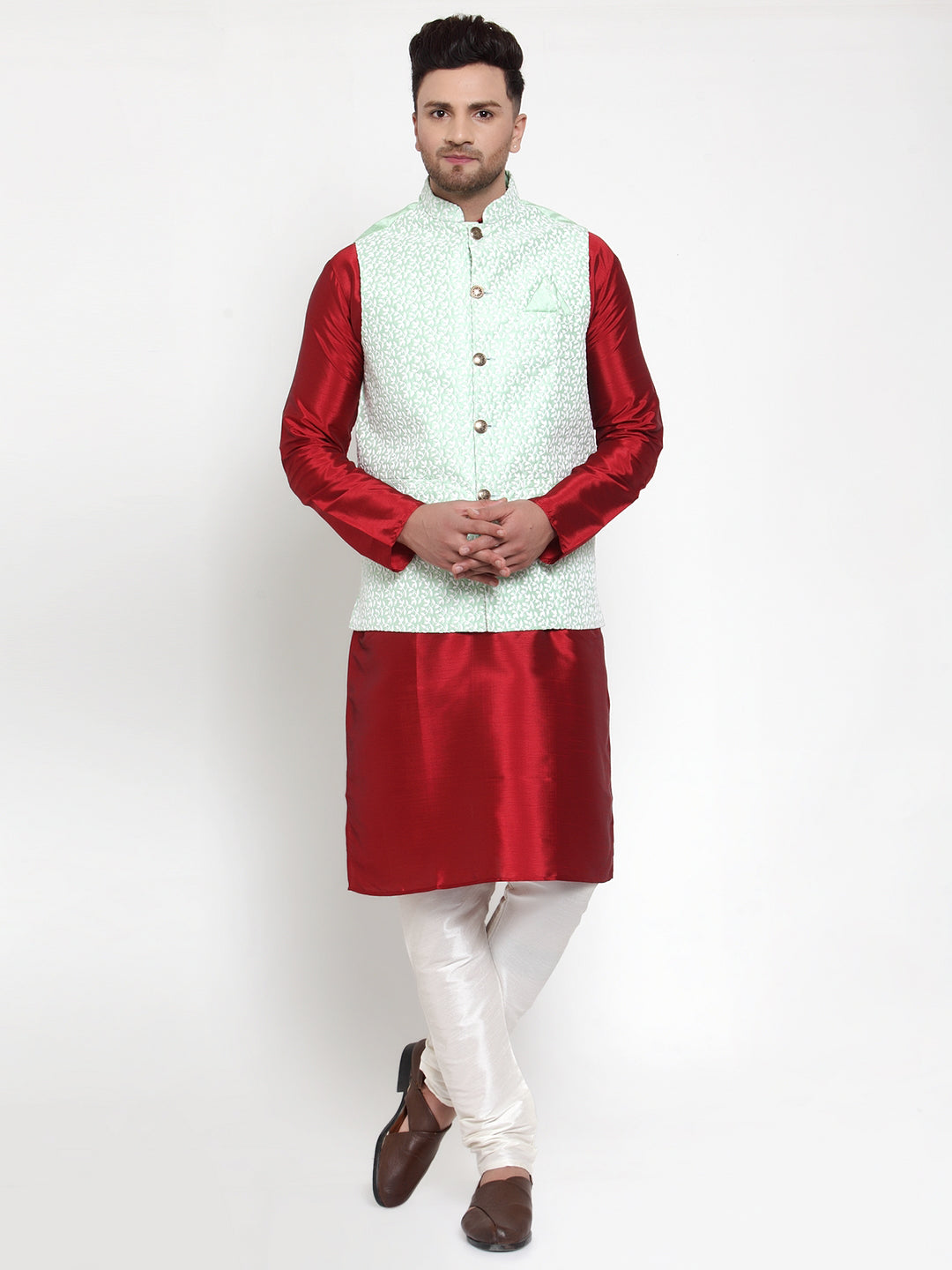 Jompers Men's Solid Dupion Kurta Pajama with Embroidered Nehru Jacket (Light-Green)