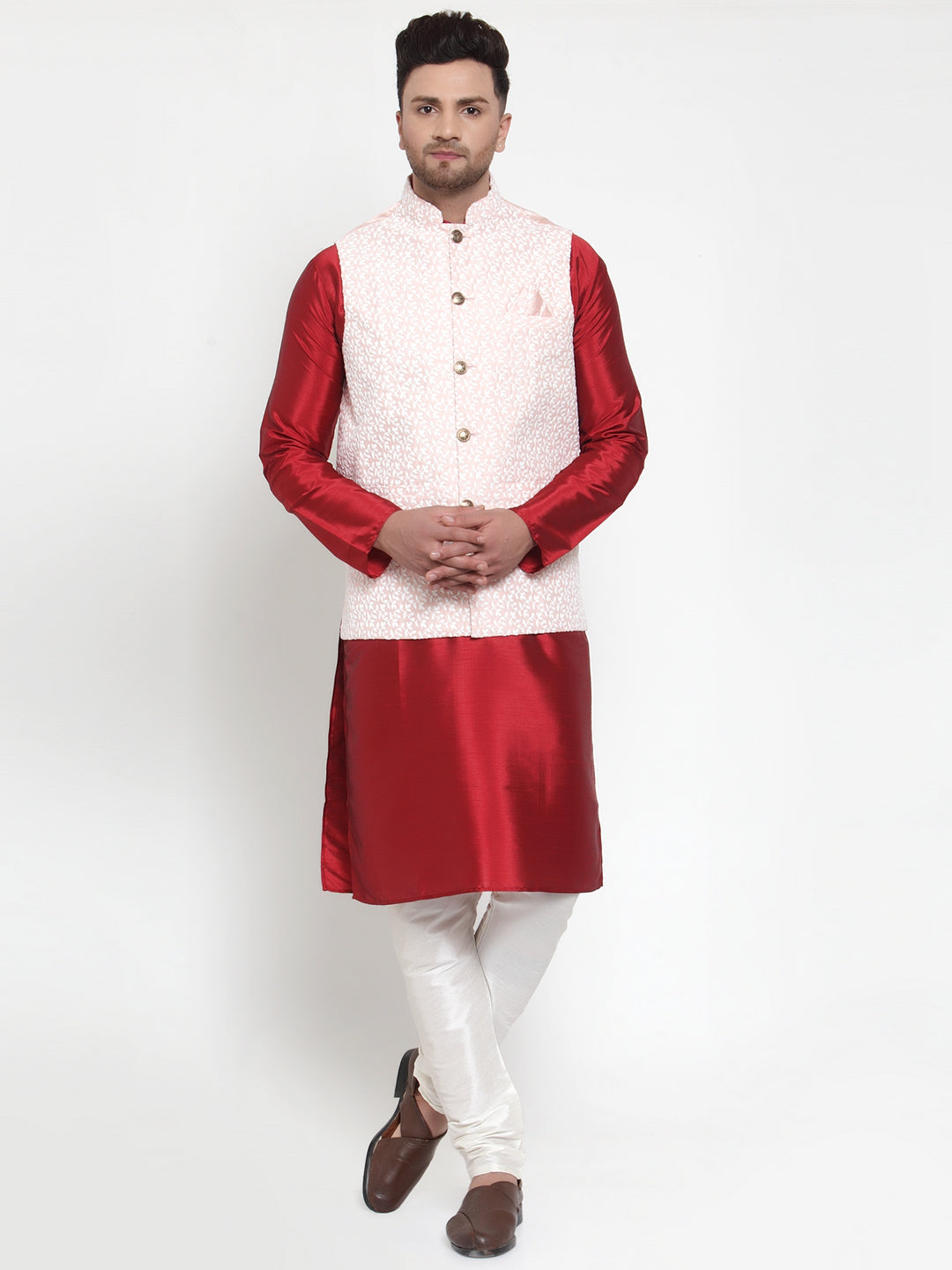 Jompers Men's Solid Dupion Kurta Pajama with Embroidered Nehru Jacket (Pink)