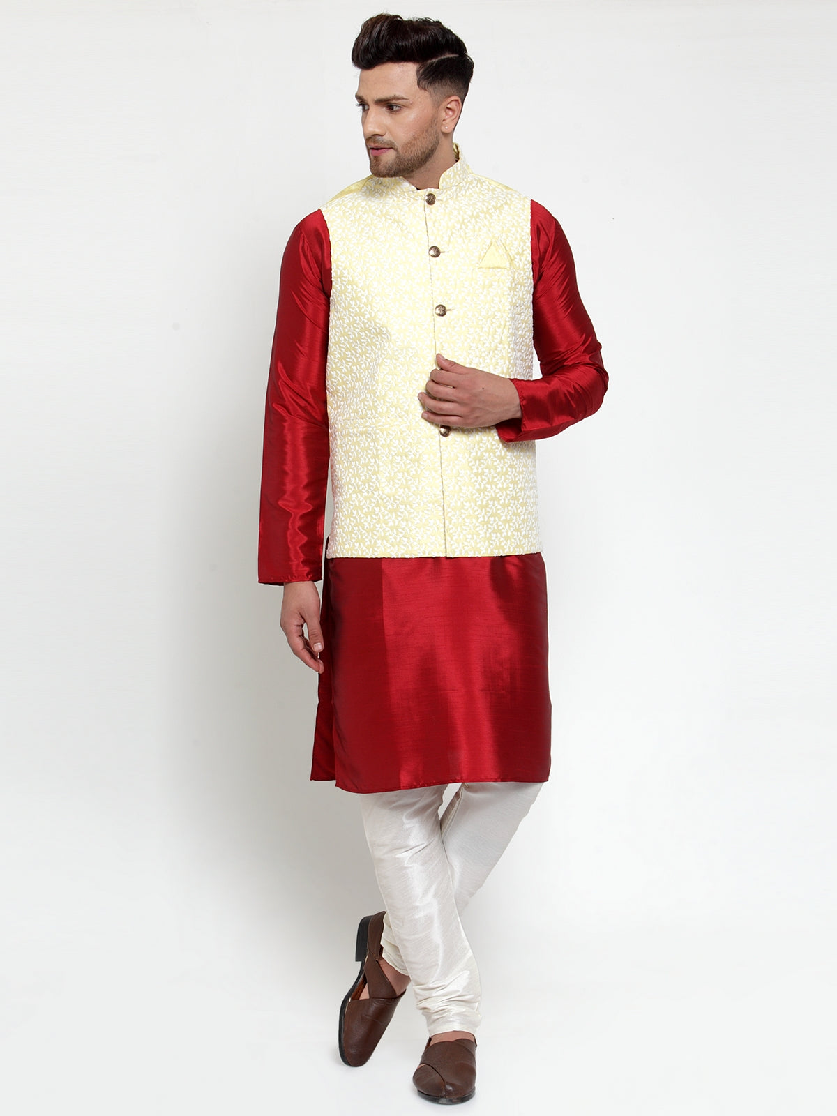 Jompers Men's Solid Dupion Kurta Pajama with Embroidered Nehru Jacket (Yellow & Maroon)