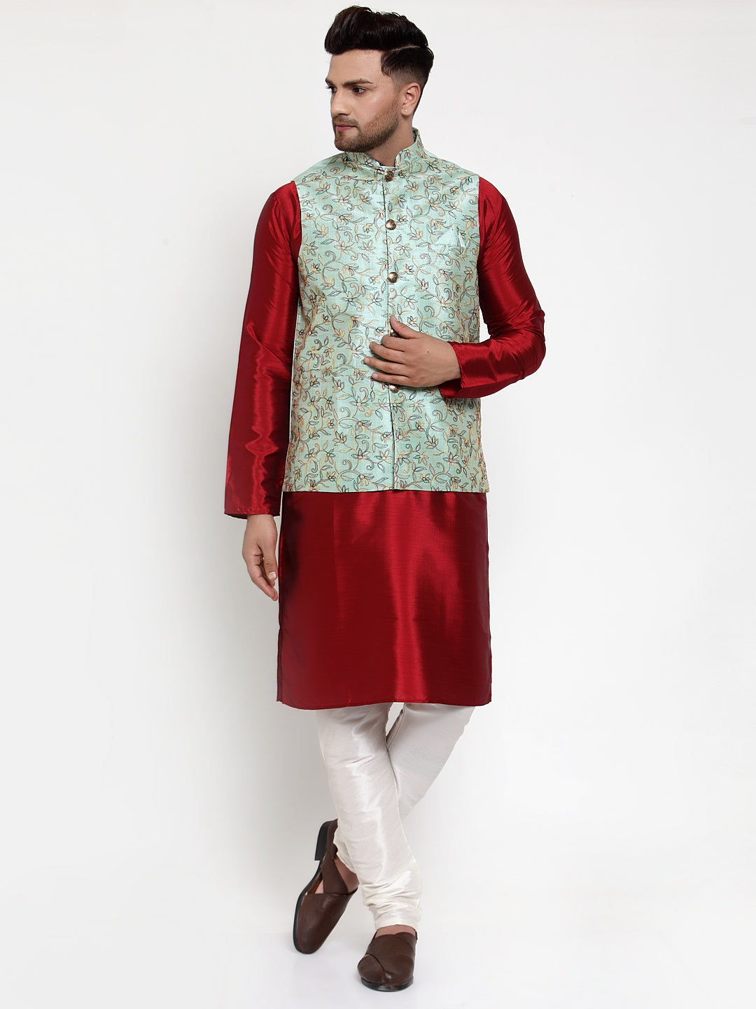 Jompers Men's Solid Dupion Kurta Pajama with Woven Nehru Jacket (Sky) (JOKPWC_M-D_4013Sky)