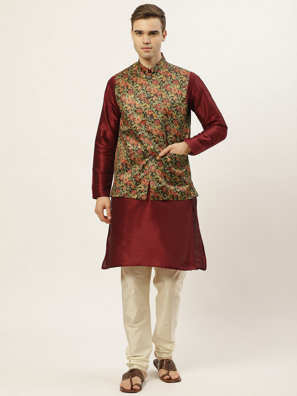 Jompers Men's Printed Nehru Jacket and Kurta Pyjama Set - Black