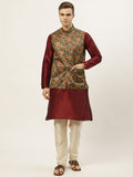 Jompers Men's Printed Nehru Jacket and Kurta Pyjama Set - Black