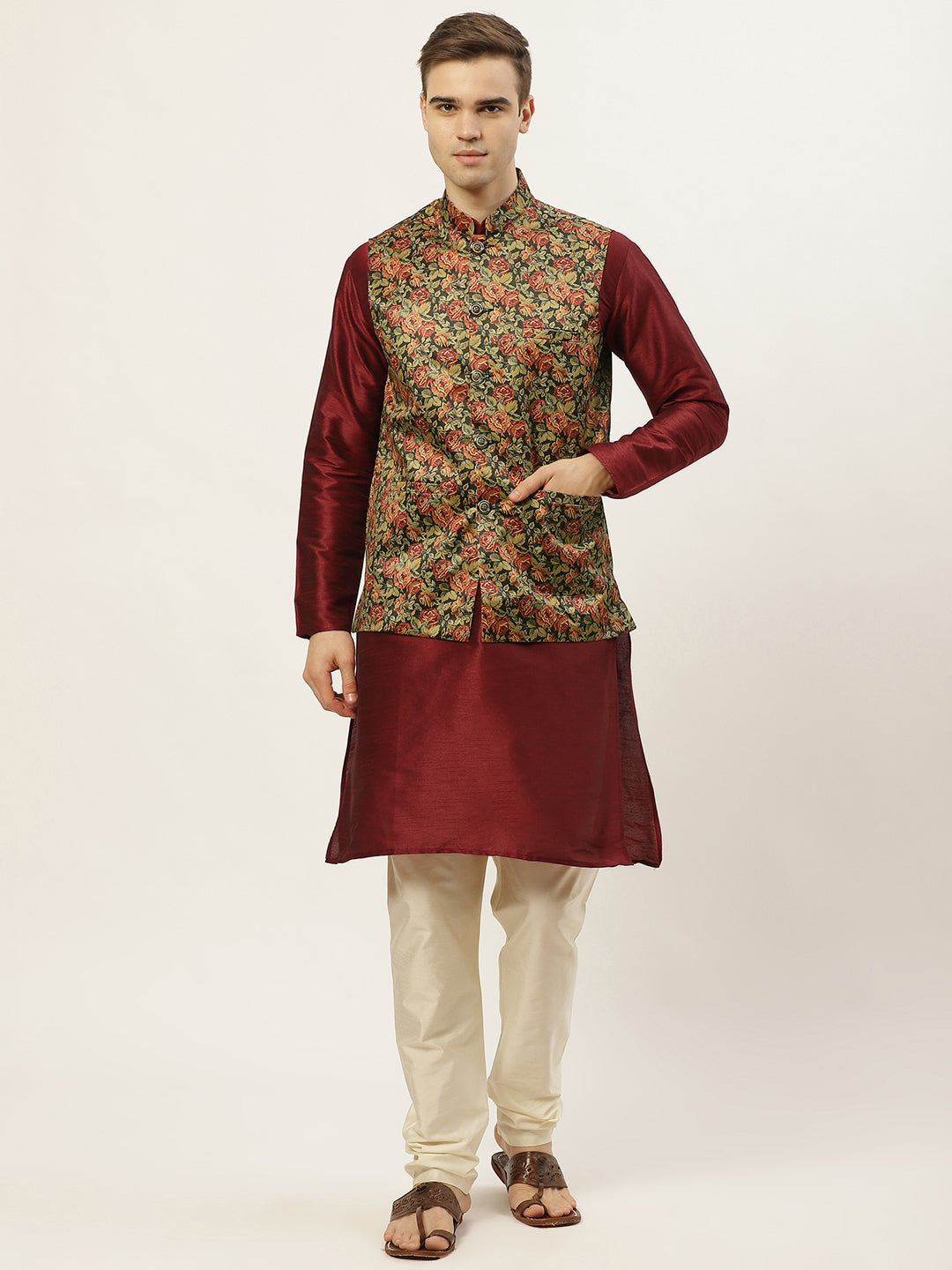 Jompers Men's Printed Nehru Jacket and Kurta Pyjama Set - Black