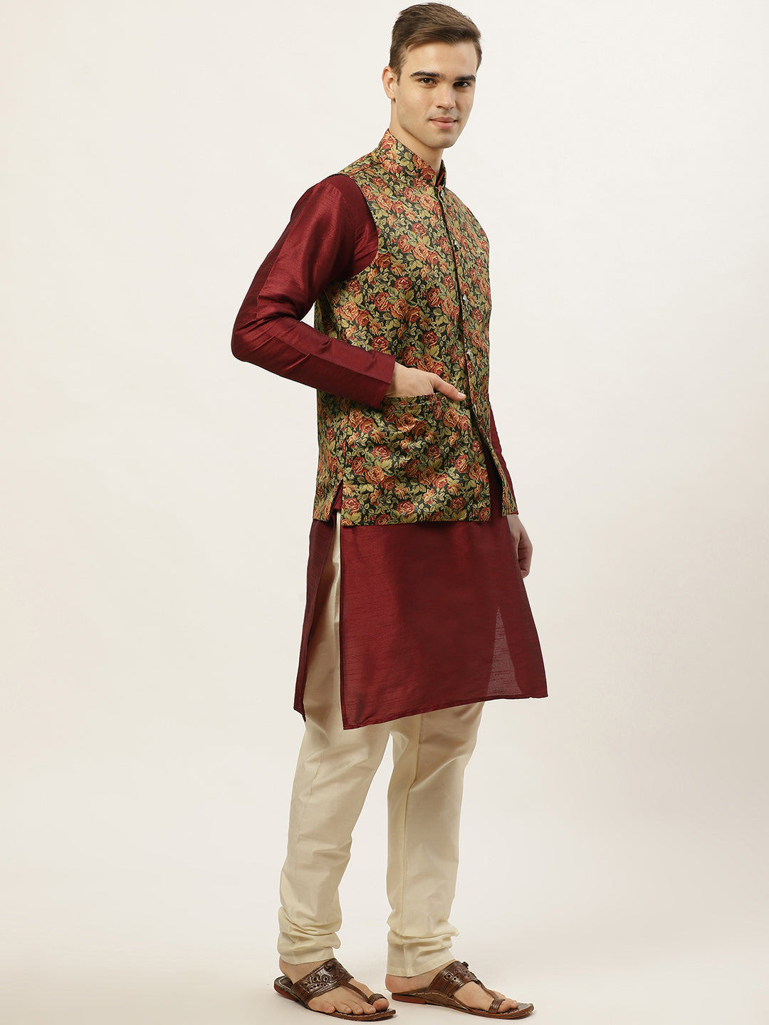 Jompers Men's Printed Nehru Jacket and Kurta Pyjama Set - Black