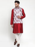Jompers Men's Solid Dupion Kurta Pajama with Printed Nehru Silver Jacket