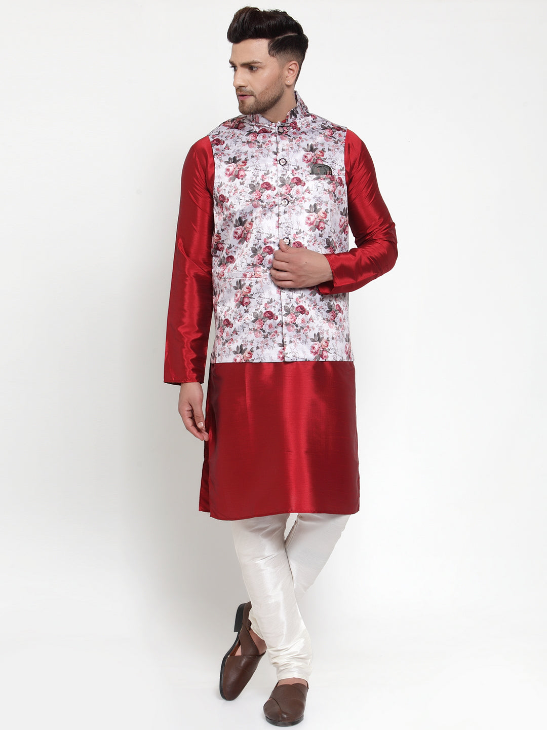 Jompers Men's Solid Dupion Kurta Pajama with Printed Nehru Silver Jacket