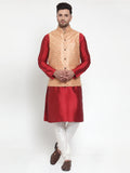 Jompers Men's Solid Dupion Kurta Pajama with Embroidered Nehru Jacket (Peach)