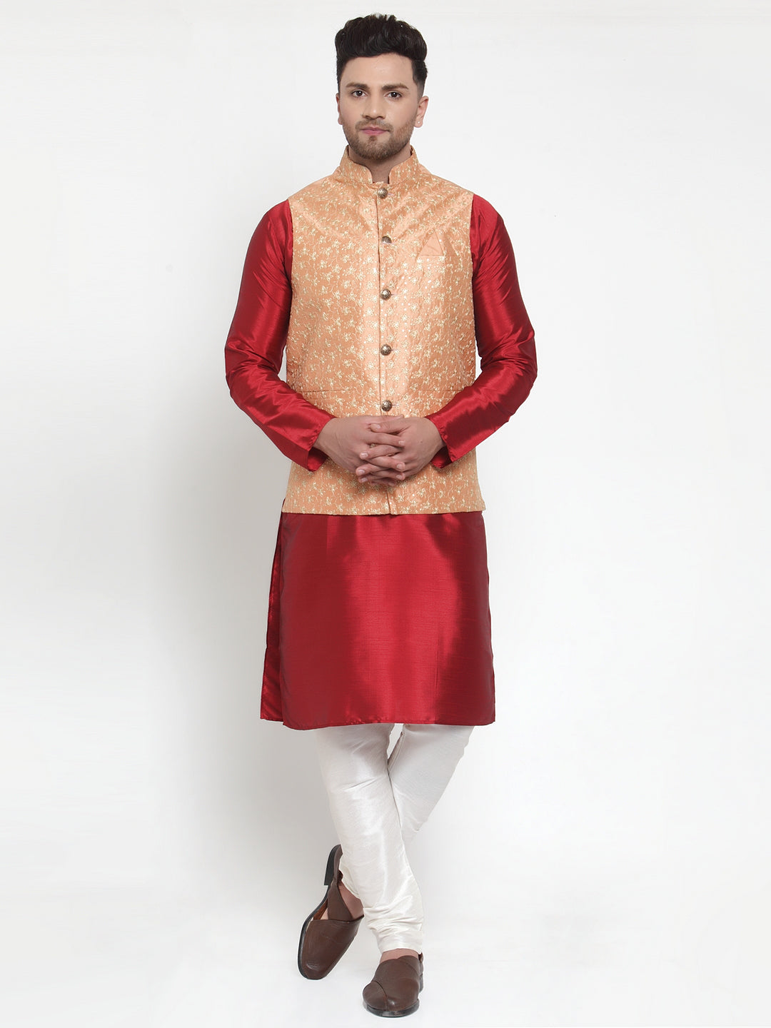 Jompers Men's Solid Dupion Kurta Pajama with Embroidered Nehru Jacket (Peach)