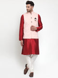 Jompers Men's Solid Dupion Kurta Pajama with Woven Nehru Jacket (Peach)
