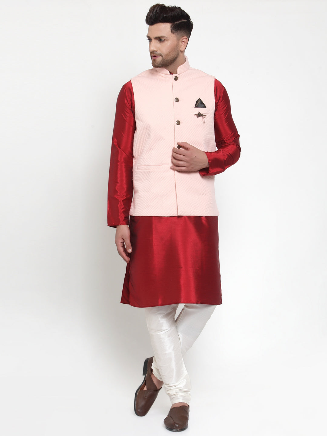 Jompers Men's Solid Dupion Kurta Pajama with Woven Nehru Jacket (Peach)