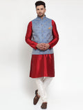 Jompers Men's Solid Dupion Kurta Pajama with Woven Jacqaurd Nehru Blue Jacket