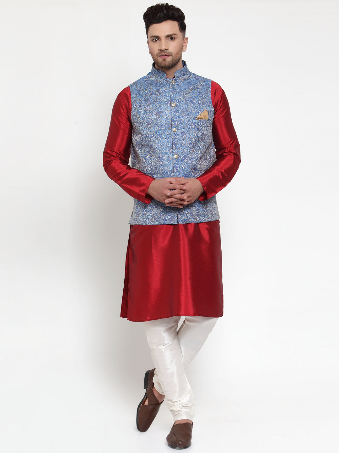 Jompers Men's Solid Dupion Kurta Pajama with Woven Jacqaurd Nehru Blue Jacket