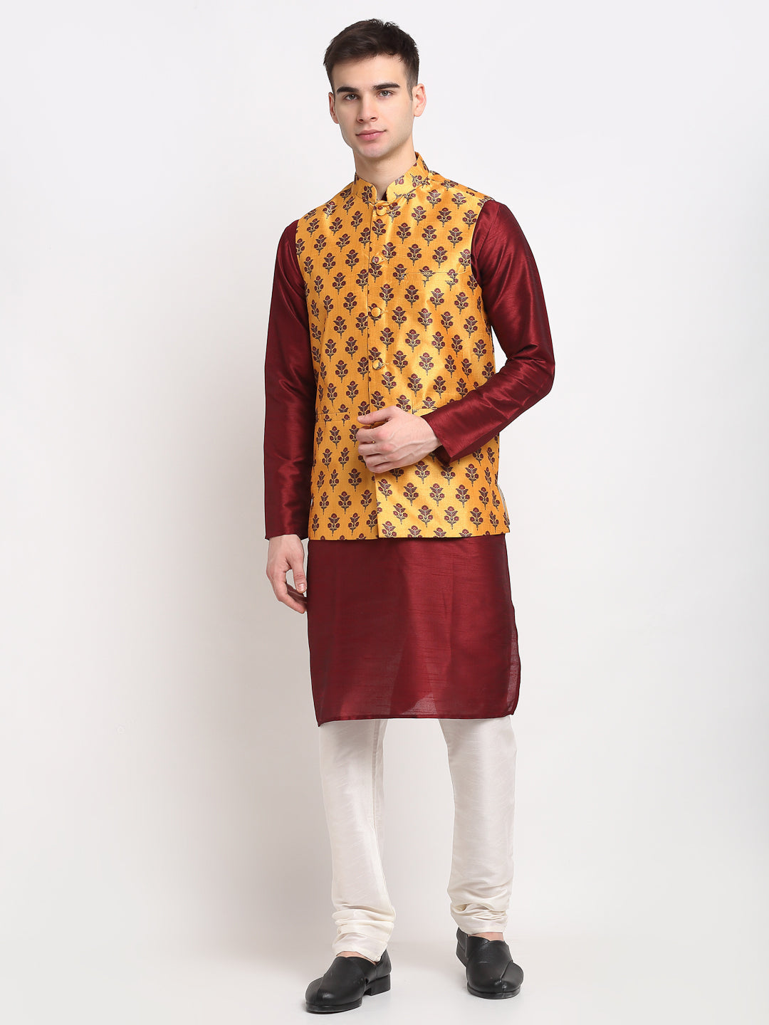 Jompers Men's Maroon Dupion Silk Kurta with Churidar& Nehru Jacket(Yellow)