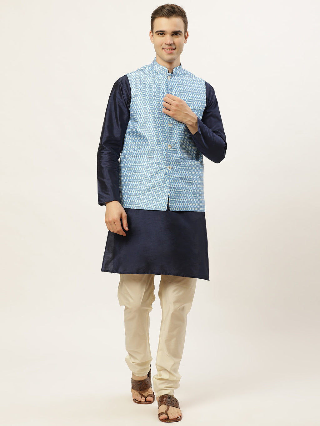 Jompers Men's Ikat Printed Nehru Jacket and Kurta Pyjama Set - Sky Blue