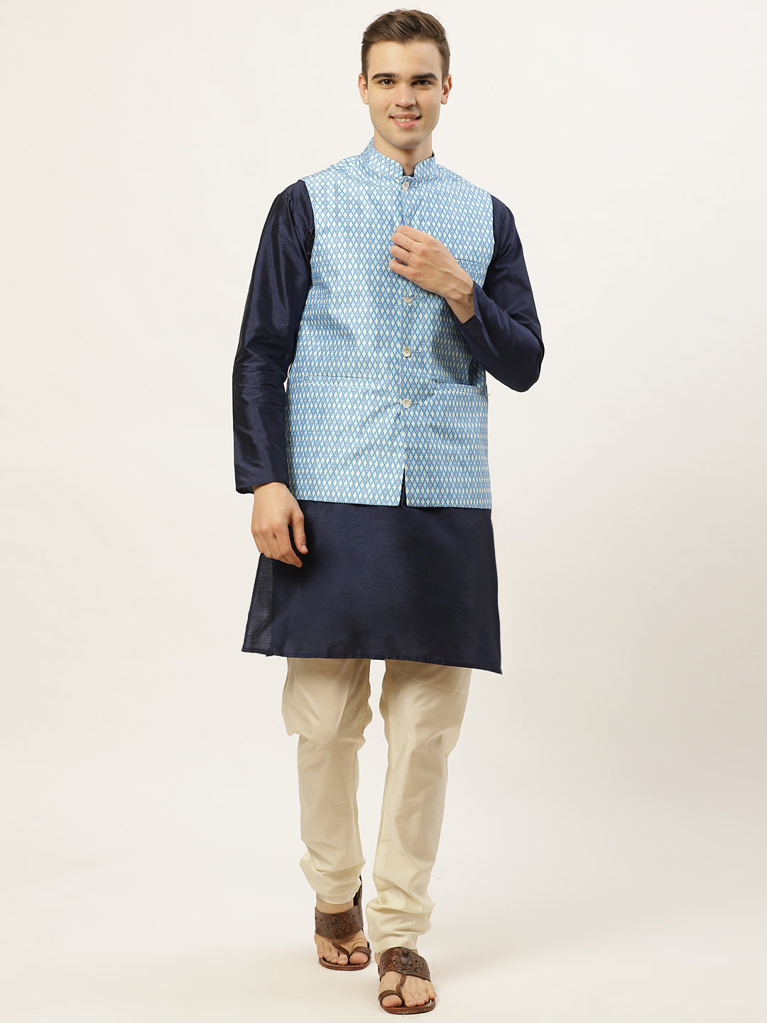 Jompers Men's Ikat Printed Nehru Jacket and Kurta Pyjama Set - Sky Blue