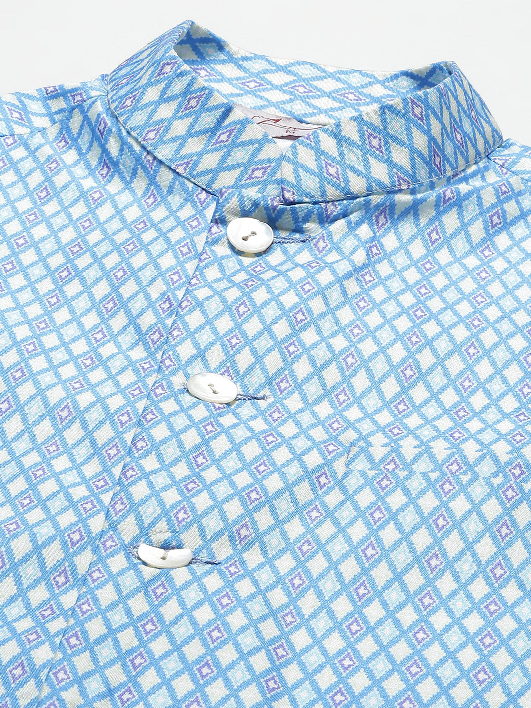 Jompers Men's Ikat Printed Nehru Jacket and Kurta Pyjama Set - Sky Blue