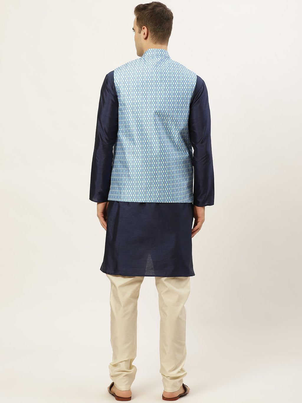 Jompers Men's Ikat Printed Nehru Jacket and Kurta Pyjama Set - Sky Blue