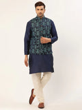 Jompers Men's Solid Kurta Pyjama With Blue Woven Design Nehru Jacket
