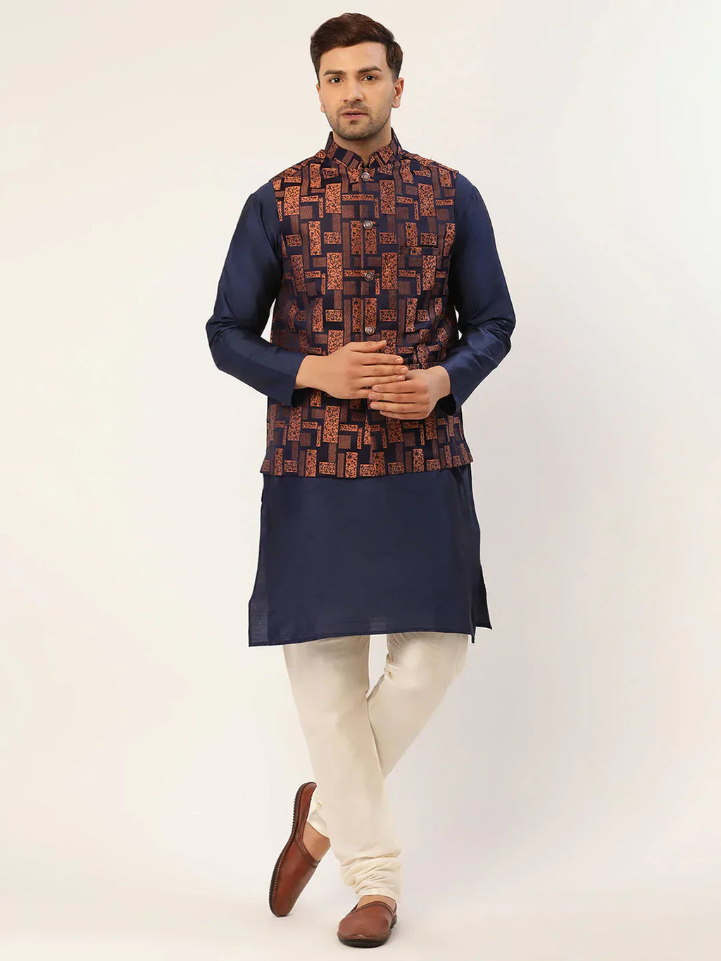 Jompers Men's Solid Kurta Pyjama With Bronze Woven Design Nehru Jacket