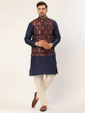 Jompers Men's Solid Kurta Pyjama With Bronze Woven Design Nehru Jacket