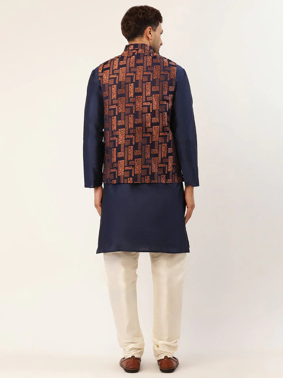 Jompers Men's Solid Kurta Pyjama With Bronze Woven Design Nehru Jacket