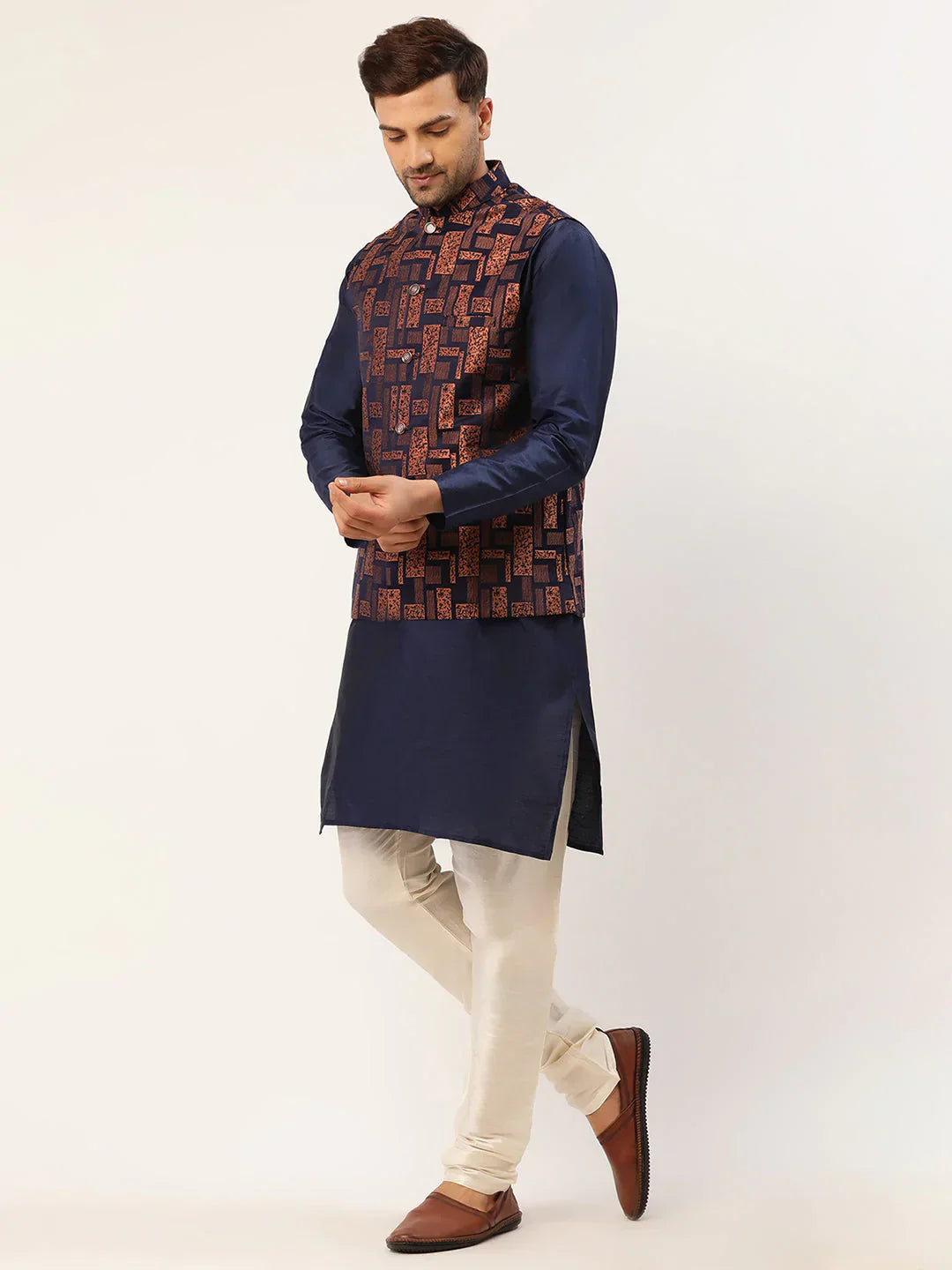 Jompers Men's Solid Kurta Pyjama With Bronze Woven Design Nehru Jacket