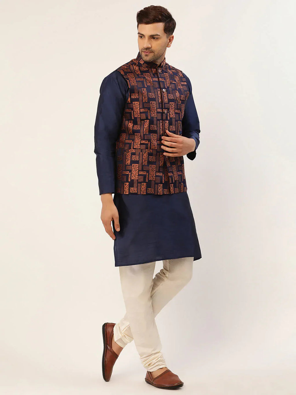 Jompers Men's Solid Kurta Pyjama With Bronze Woven Design Nehru Jacket