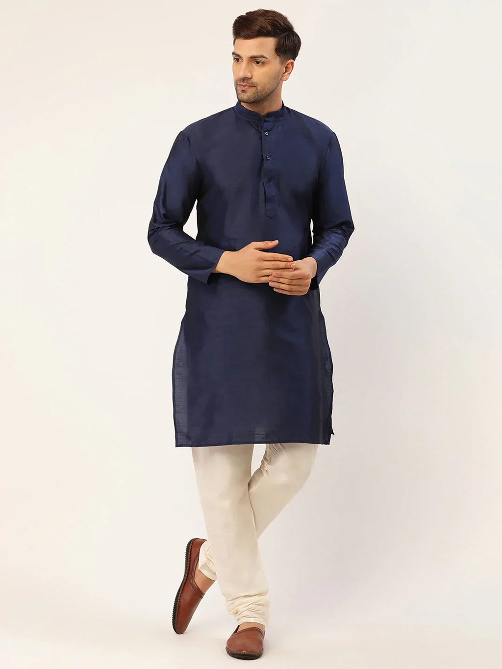Jompers Men's Solid Kurta Pyjama With Bronze Woven Design Nehru Jacket