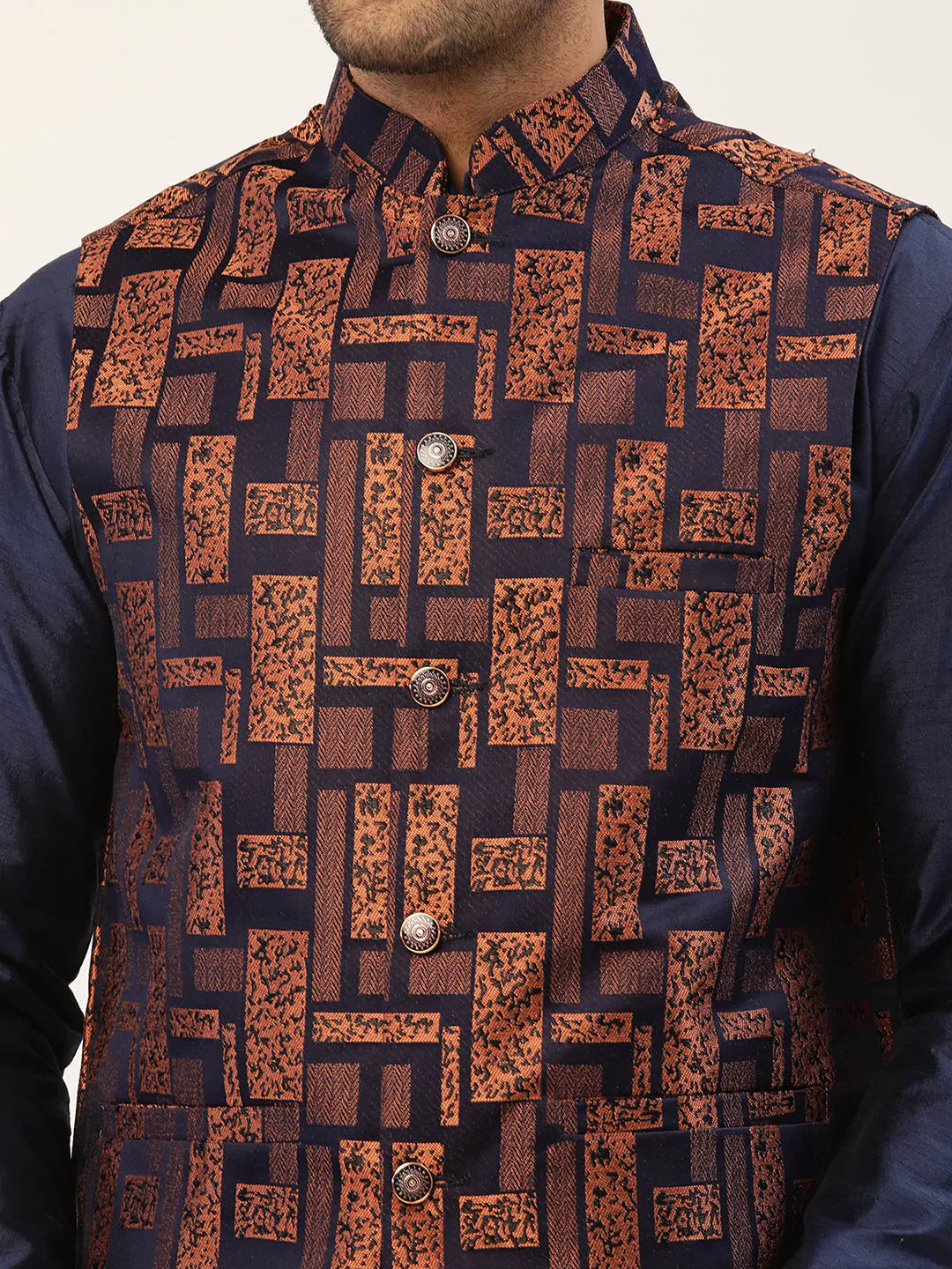 Jompers Men's Solid Kurta Pyjama With Bronze Woven Design Nehru Jacket